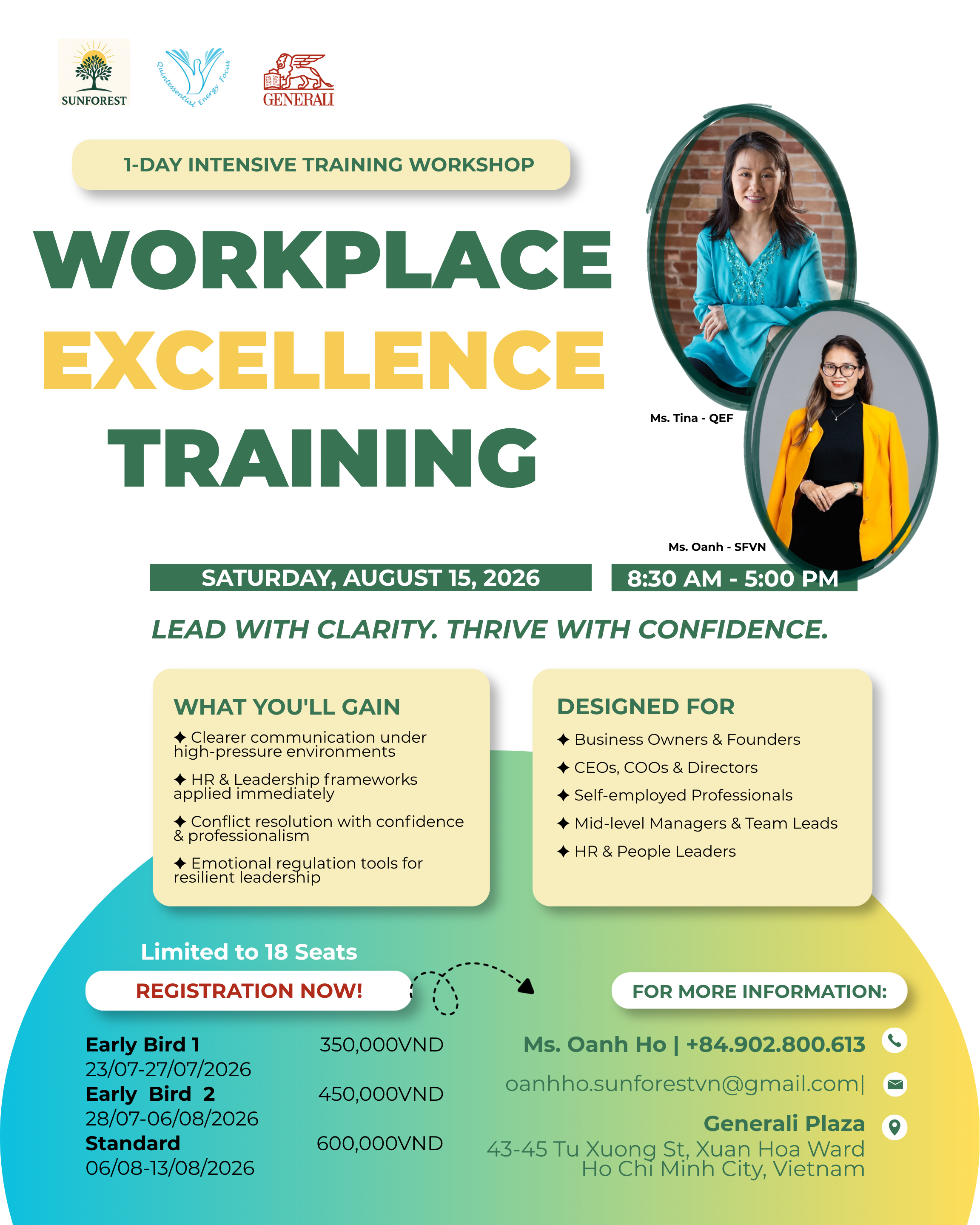 Poster chương trình Workplace Excellence Training, tổ chức ngày 15/08/2026 tại Generali Plaza